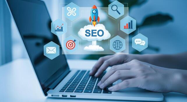 SEO expert working on digital marketing strategy at laptop